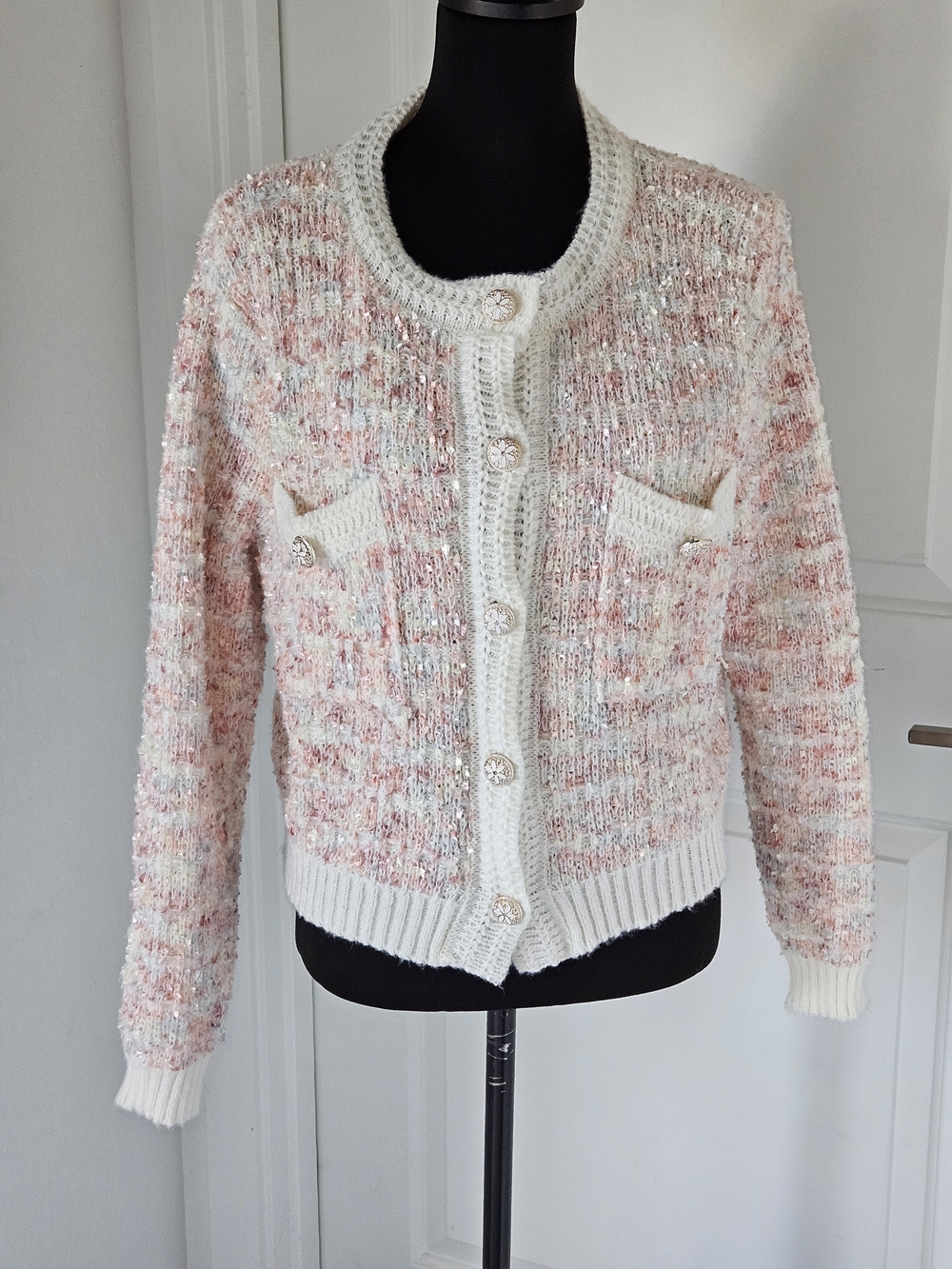 Handmade Women's Cream & Blush Textured Button-Front Cardigan